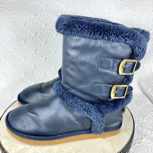 UGG Boots Womens Sz 10 Navy Blue Becket Suede Shearling Sheepskin Buckle Booties - Picture 7 of 13